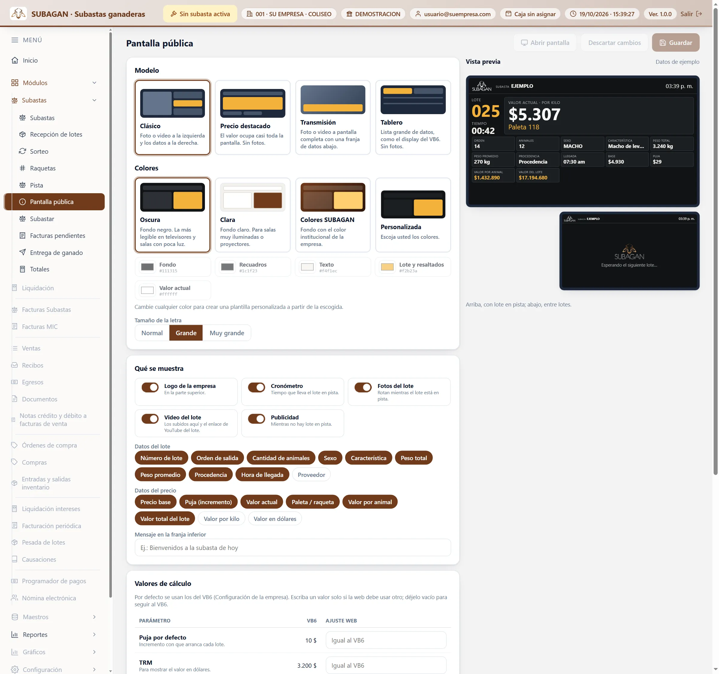 La configuración de la pantalla pública, con la vista previa a la derecha.
